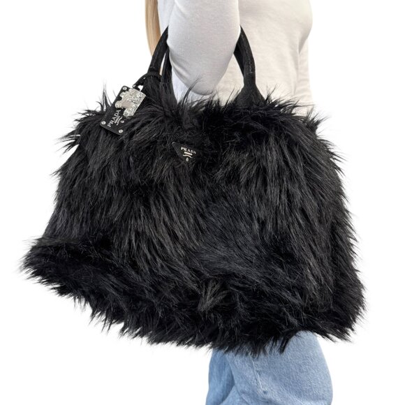 PRADA Vintage Faux Fur Fabric Tote Bag Black Silver Charm Triangle Logo [106226] - Picture 2 of 15